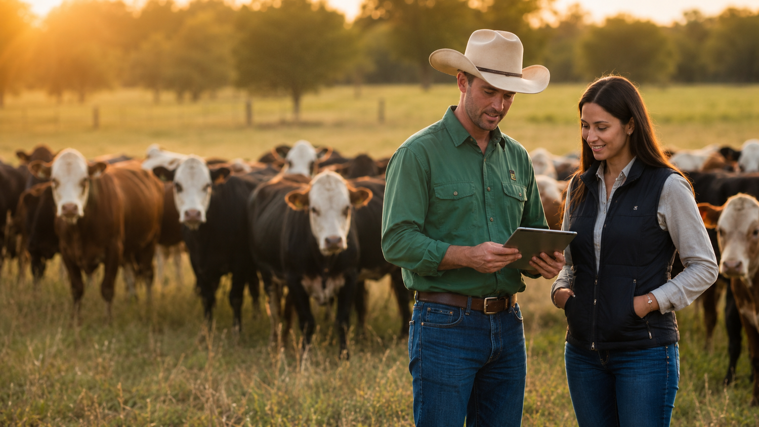 Livestock owner and operator reviewing herd records together